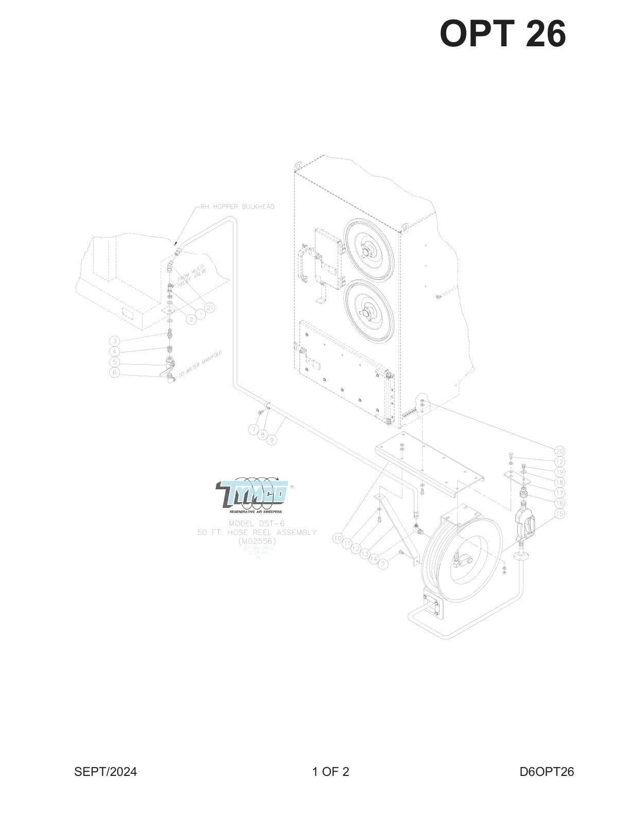 TYMCO MODEL DST-6 — 50 FT HOSE REEL ASSEMBLY PARTS LIST — DWG-M02556