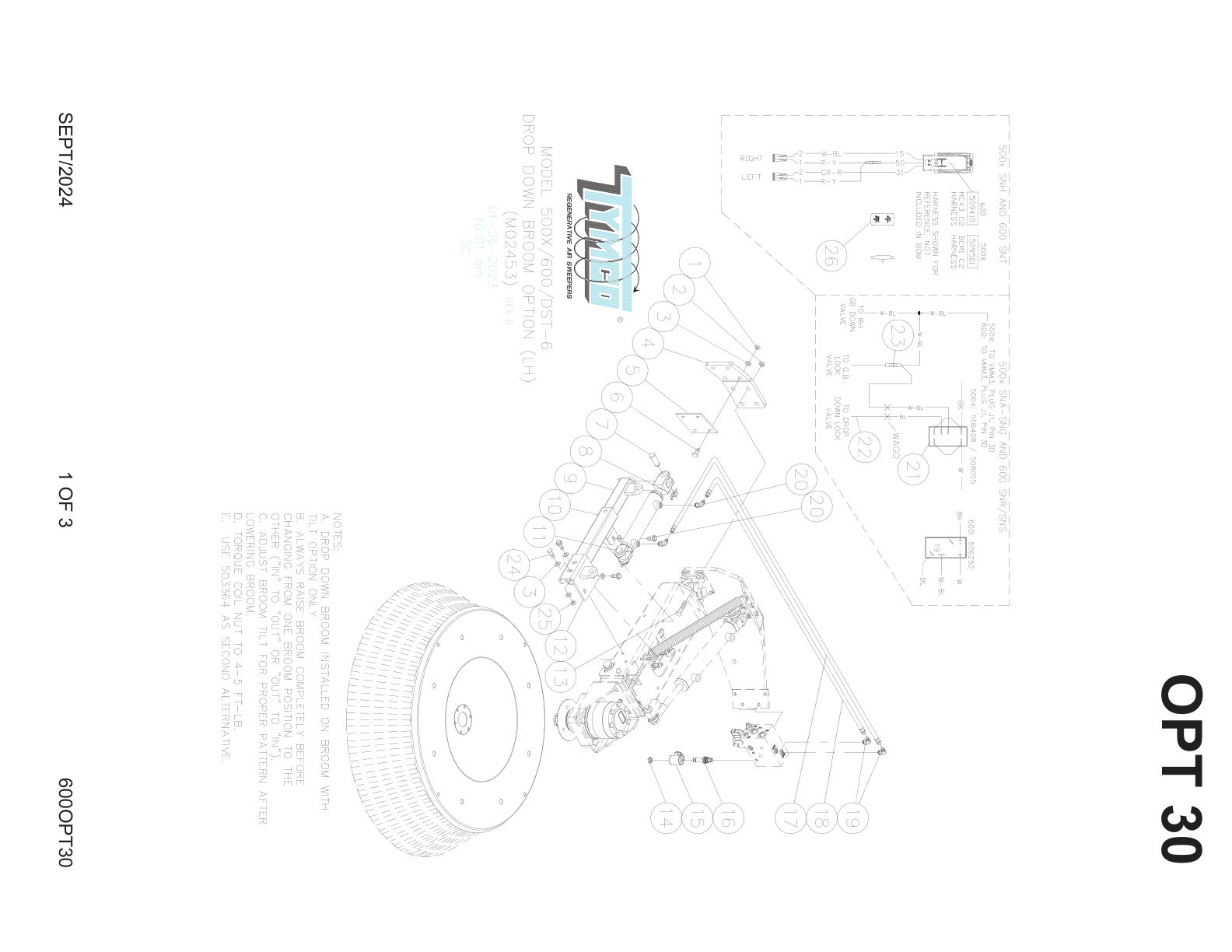 TYMCO MODEL 500X/600/DST-6 — DROP DOWN GUTTER BROOM OPTION — DWG-M02453