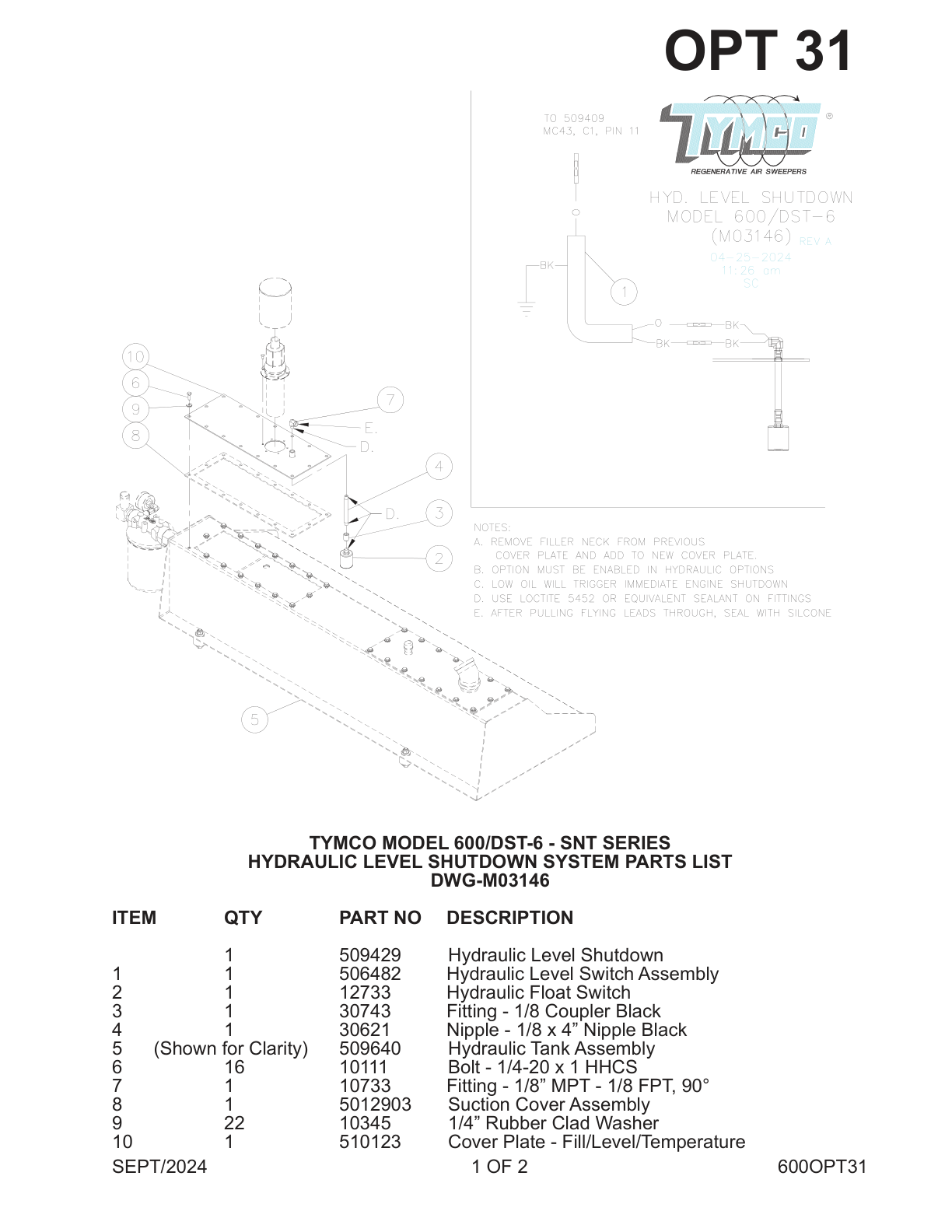 TYMCO MODEL 600/DST-6 - SNT SERIES — HYDRAULIC LEVEL SHUTDOWN SYSTEM PARTS LIST — DWG-M03146