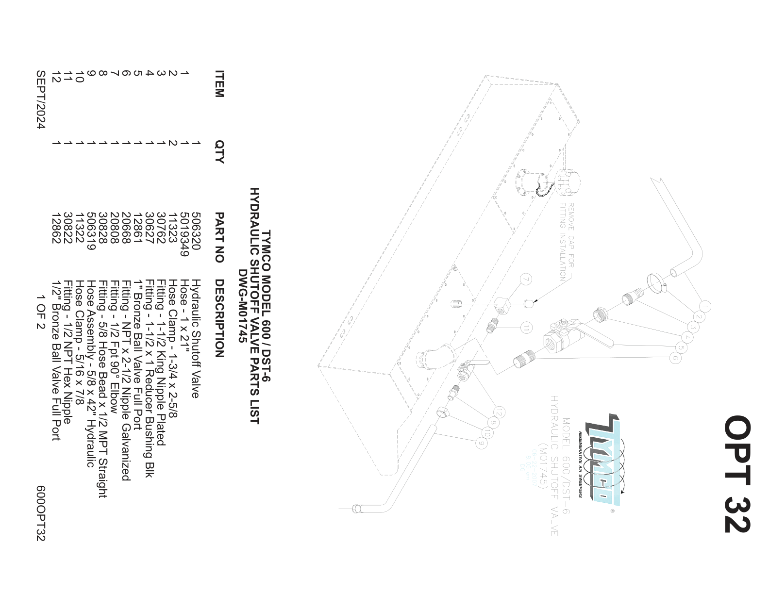 TYMCO MODEL 600 / DST-6 — HYDRAULIC SHUTOFF VALVE PARTS LIST — DWG-M01745