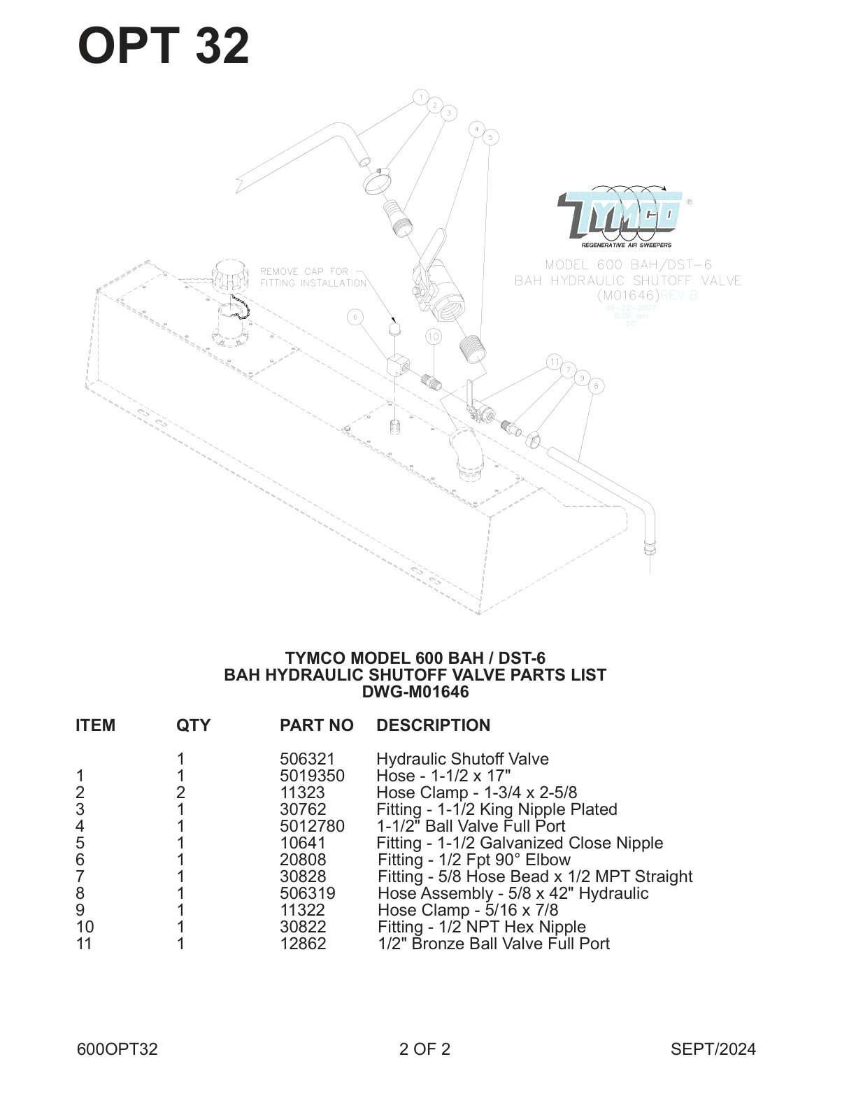 TYMCO MODEL 600 BAH / DST-6 — BAH HYDRAULIC SHUTOFF VALVE PARTS LIST — DWG-M01646