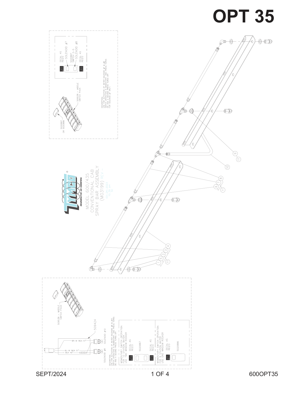 TYMCO MODEL 600/435 — CONVENTIONAL CAB SPRAY BAR ASSEMBLY PARTS LIST — DWG-M03199