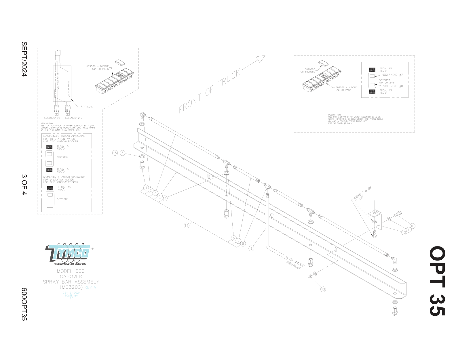 TYMCO MODEL 600 — CABOVER SPRAY BAR ASSEMBLY PARTS LIST — DWG-M03200