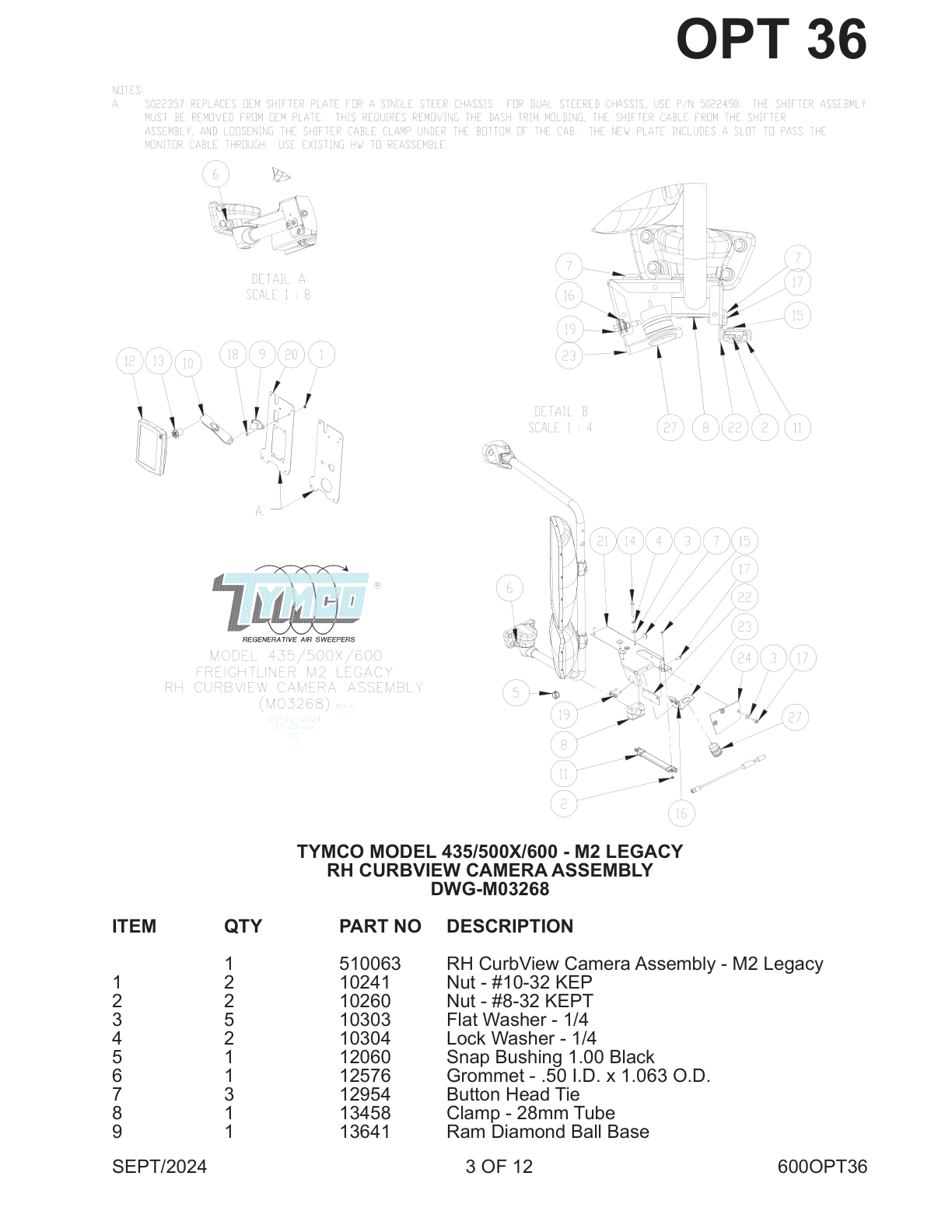 TYMCO MODEL 435/500X/600 - M2 LEGACY — RH CURBVIEW CAMERA ASSEMBLY — DWG-M03268
