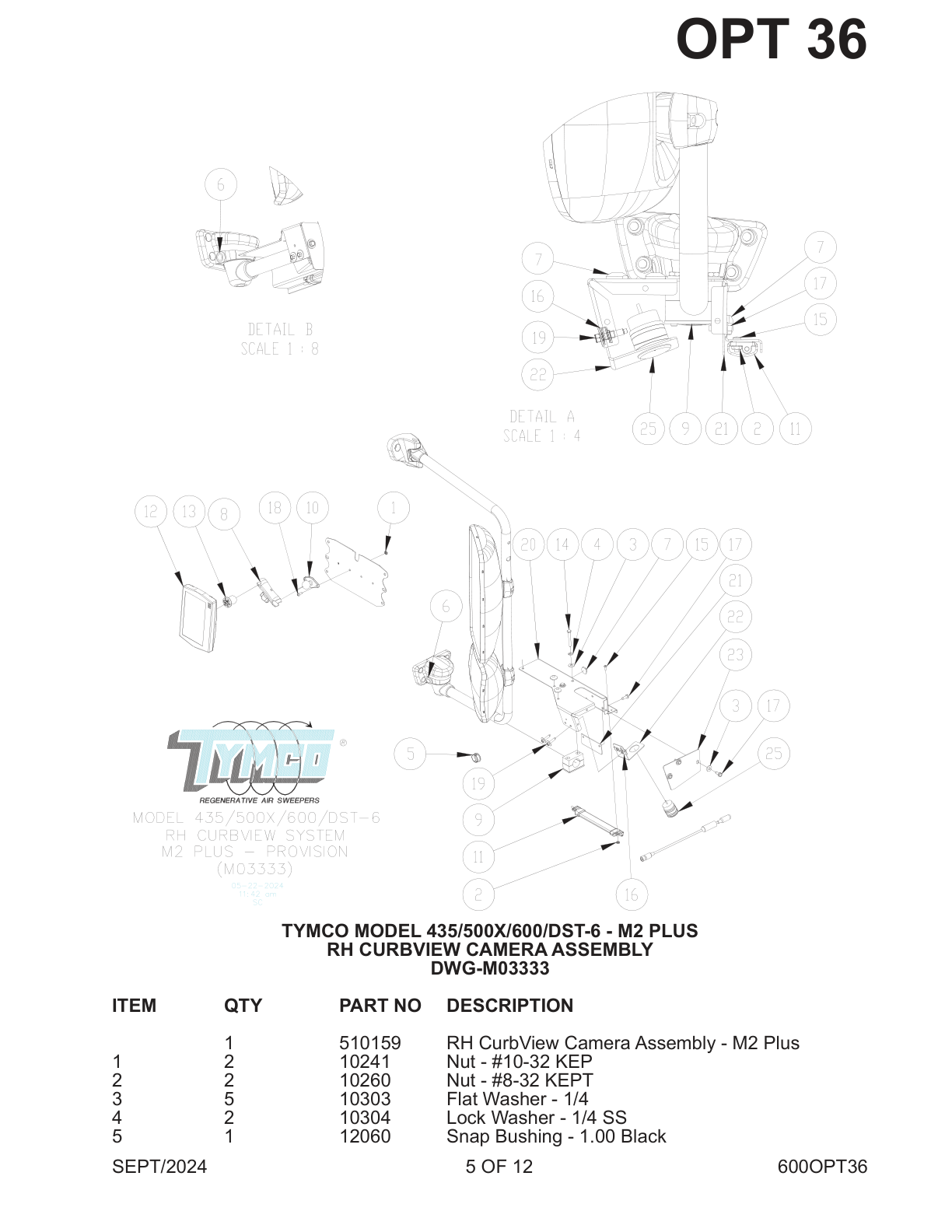 TYMCO MODEL 435/500X/600/DST-6 - M2 PLUS — RH CURBVIEW CAMERA ASSEMBLY — DWG-M03333