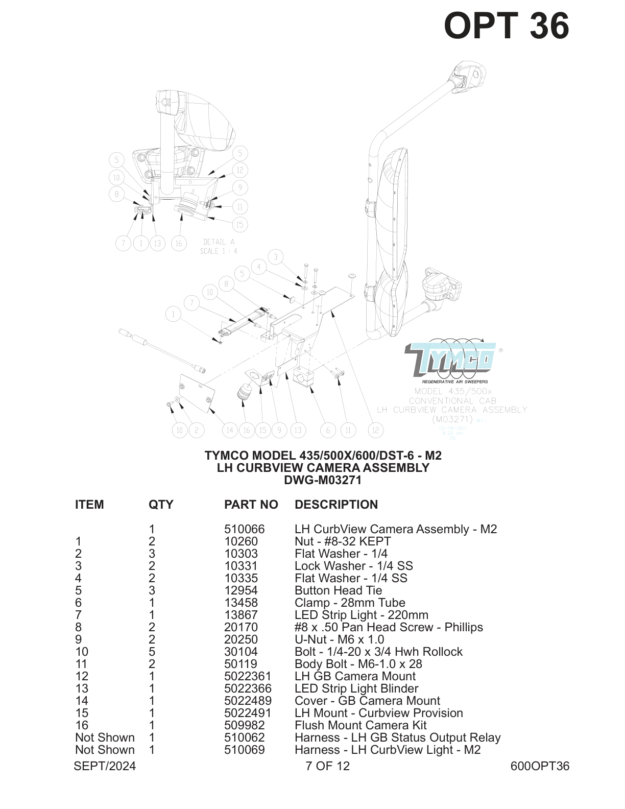 TYMCO MODEL 435/500X/600/DST-6 - M2 — LH CURBVIEW CAMERA ASSEMBLY — DWG-M03271