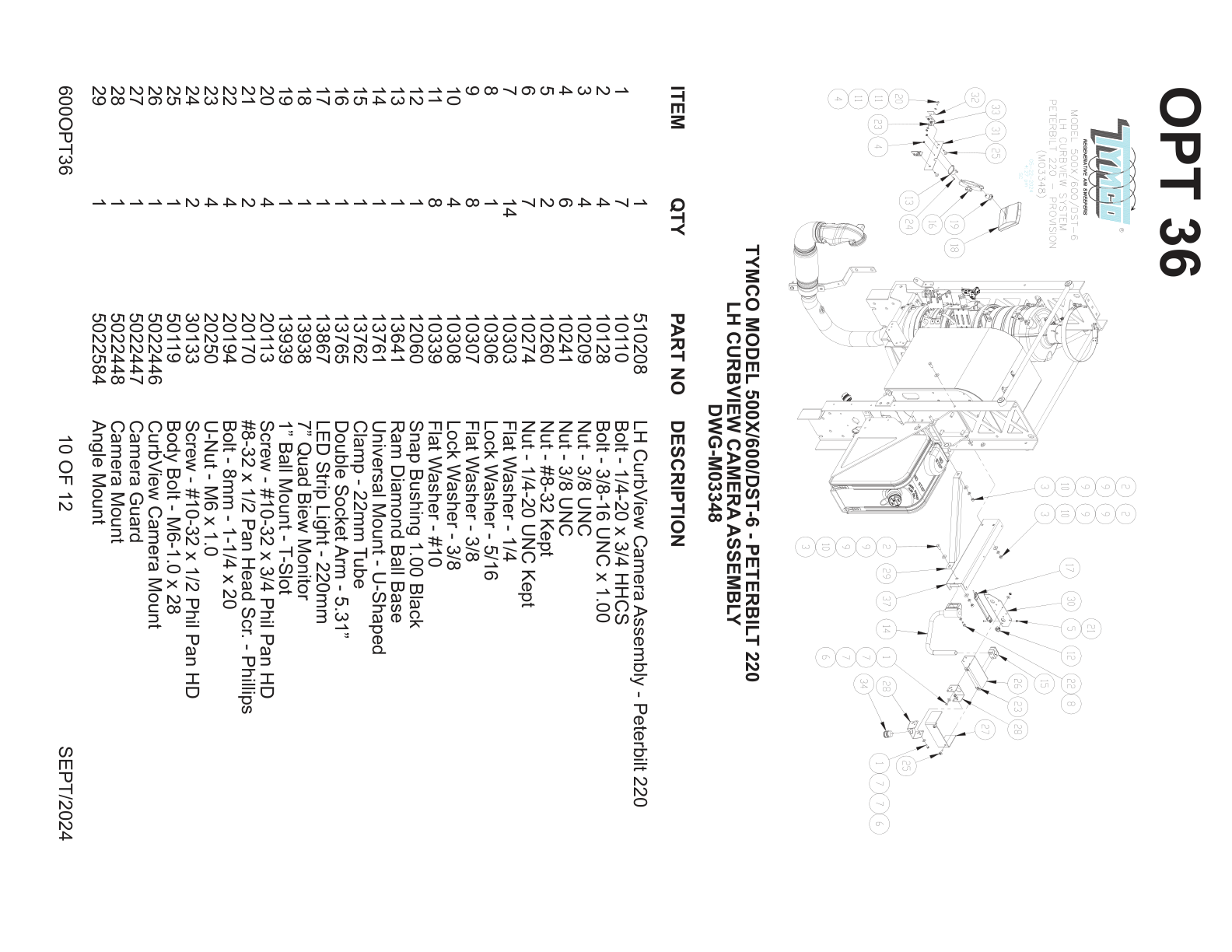 TYMCO MODEL 500X/600/DST-6 - PETERBILT 220 — LH CURBVIEW CAMERA ASSEMBLY — DWG-M03348