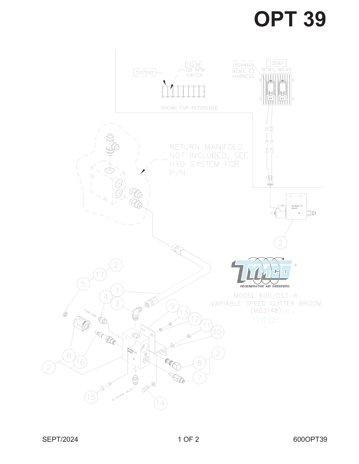 TYMCO MODEL 600/DST-6 - SNT SERIES — VARIABLE SPEED GUTTER BROOM PARTS LIST — DWG-M03148