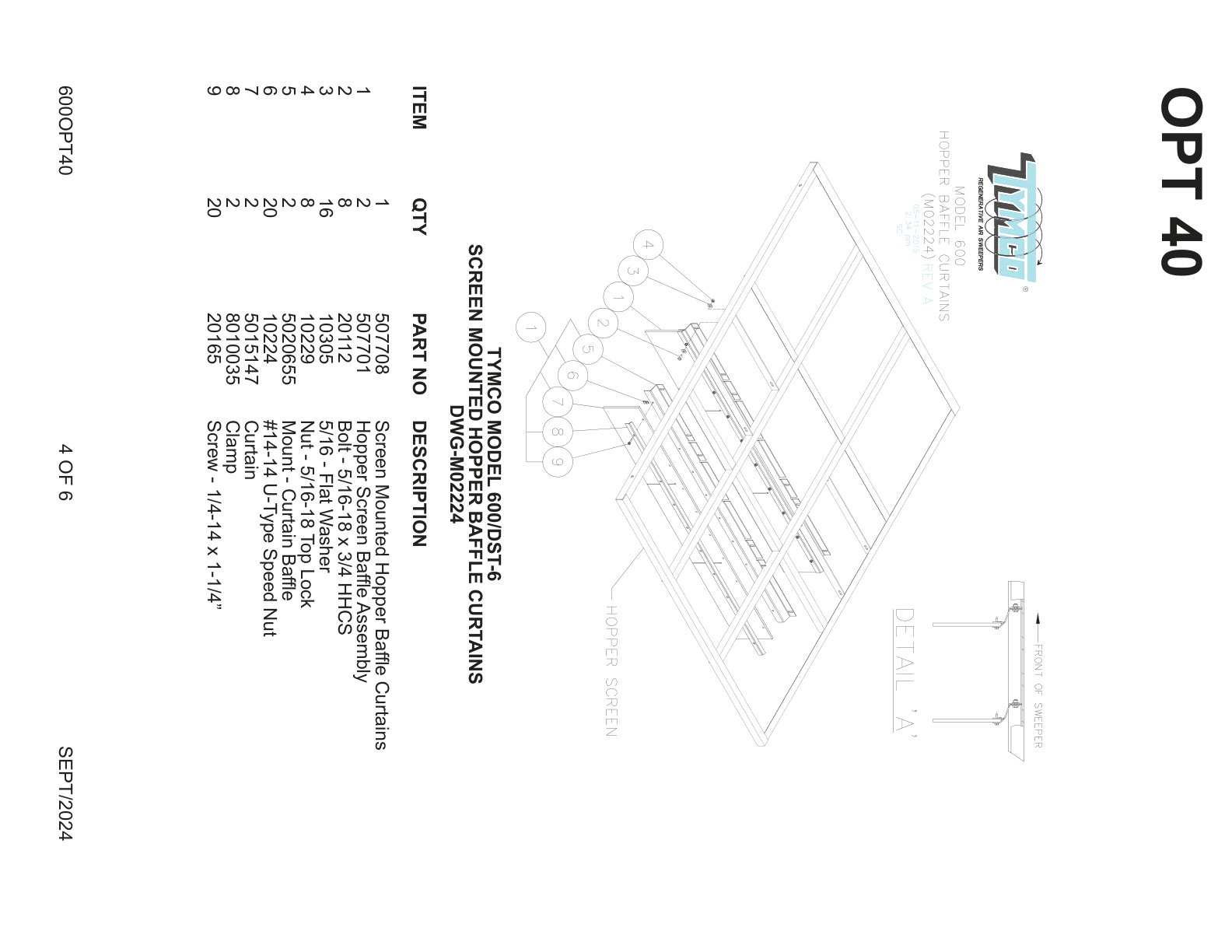 TYMCO MODEL 600/DST-6 — SCREEN MOUNTED HOPPER BAFFLE CURTAINS — DWG-M02224