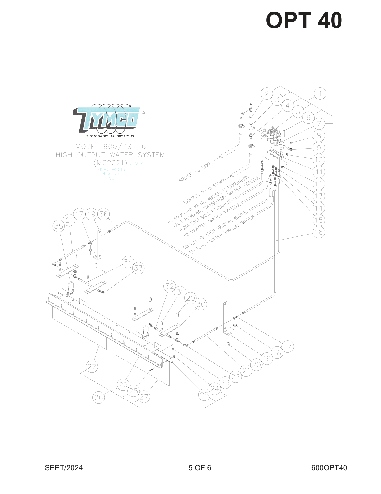 TYMCO MODEL 600/DST-6 — HIGH OUTPUT WATER SYSTEM PARTS LIST — DWG-M02021