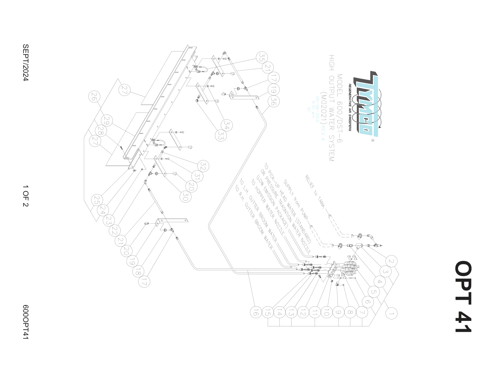 TYMCO MODEL 600/DST-6 — HIGH OUTPUT WATER SYSTEM PARTS LIST — DWG-M02021