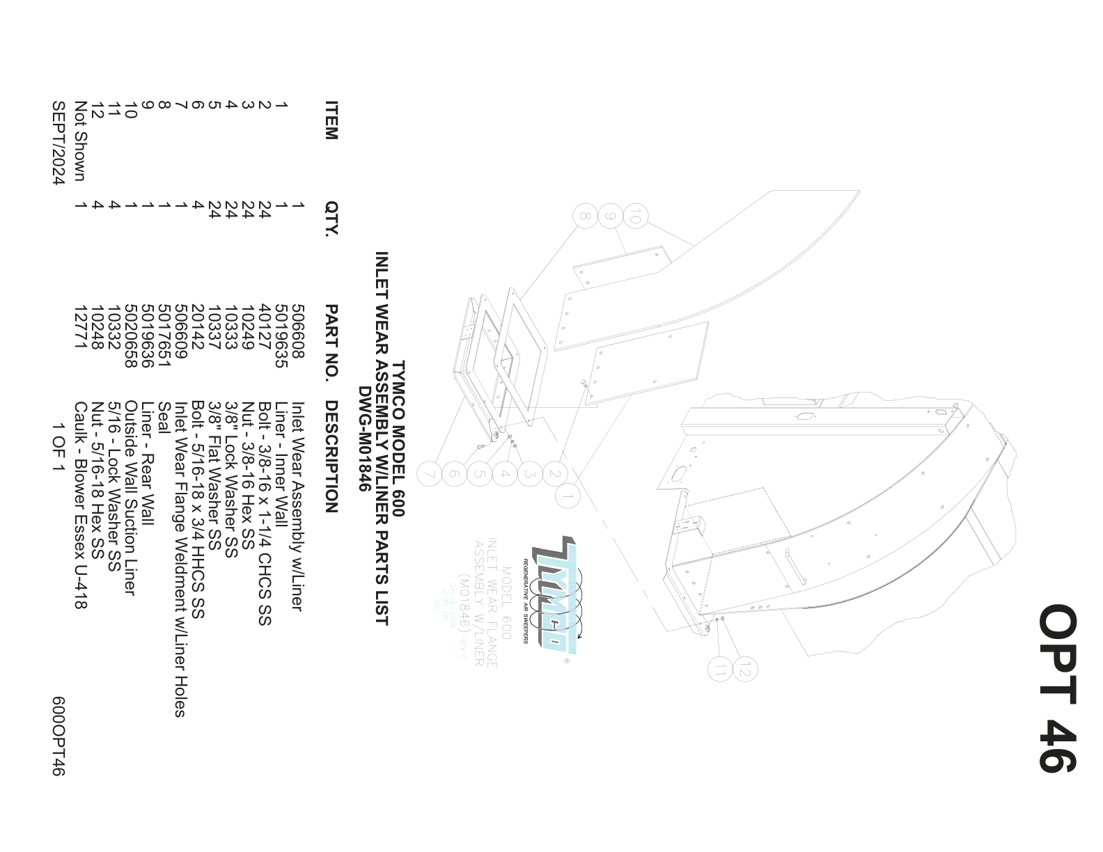 TYMCO MODEL 600 — INLET WEAR ASSEMBLY W/LINER PARTS LIST — DWG-M01846