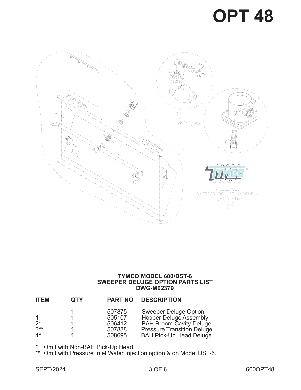 TYMCO MODEL 600/DST-6 — SWEEPER DELUGE OPTION PARTS LIST — DWG-M02379