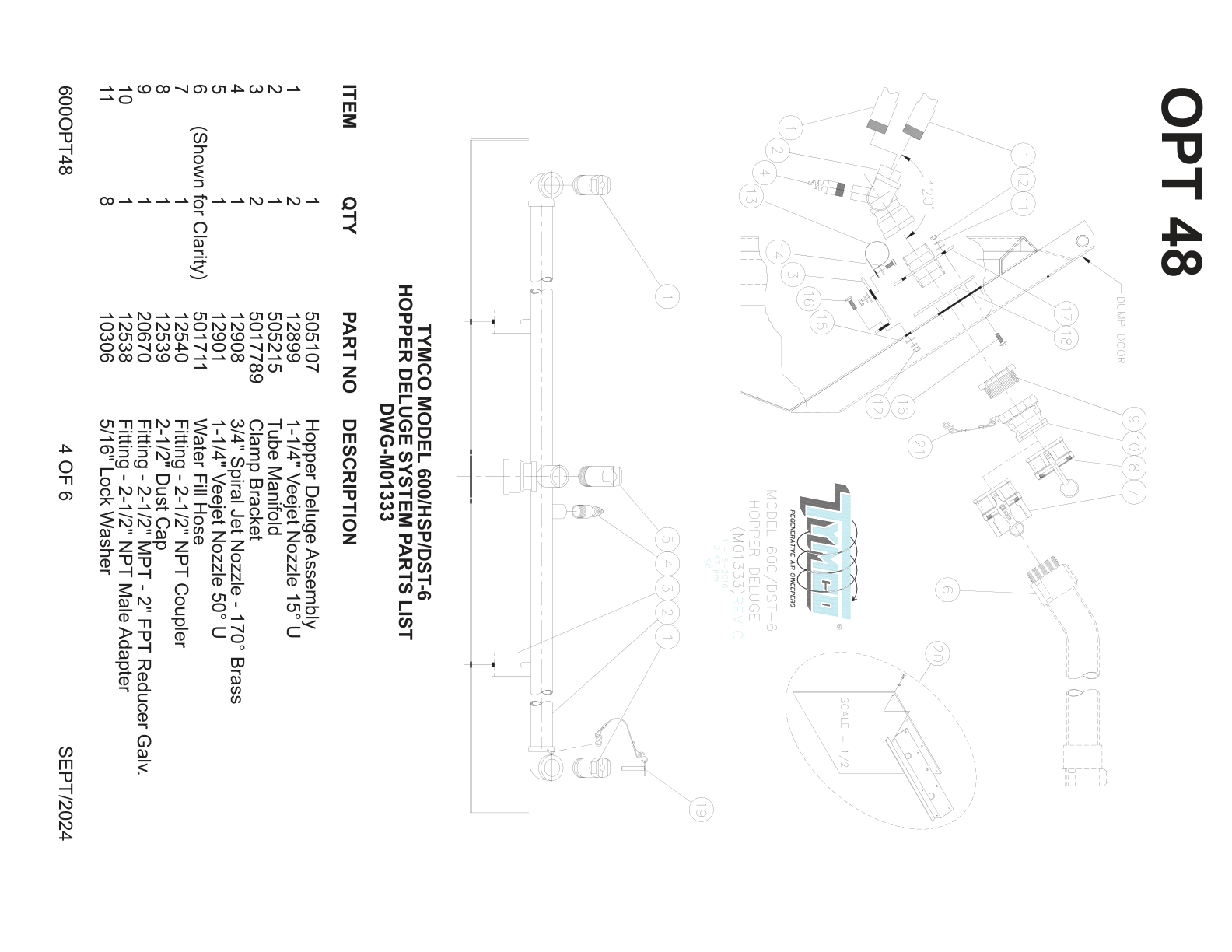 TYMCO MODEL 600/HSP/DST-6 — HOPPER DELUGE SYSTEM PARTS LIST — DWG-M01333