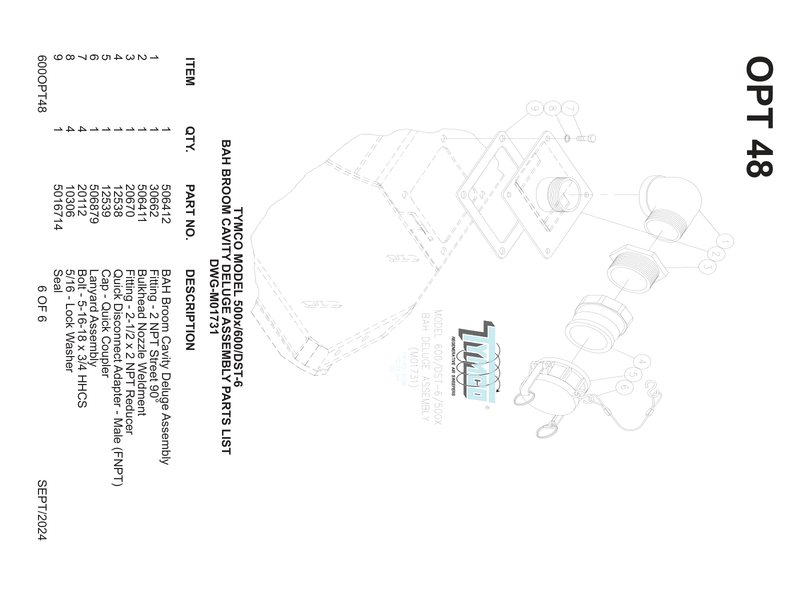 TYMCO MODEL 500x/600/DST-6 — BAH BROOM CAVITY DELUGE ASSEMBLY PARTS LIST — DWG-M01731