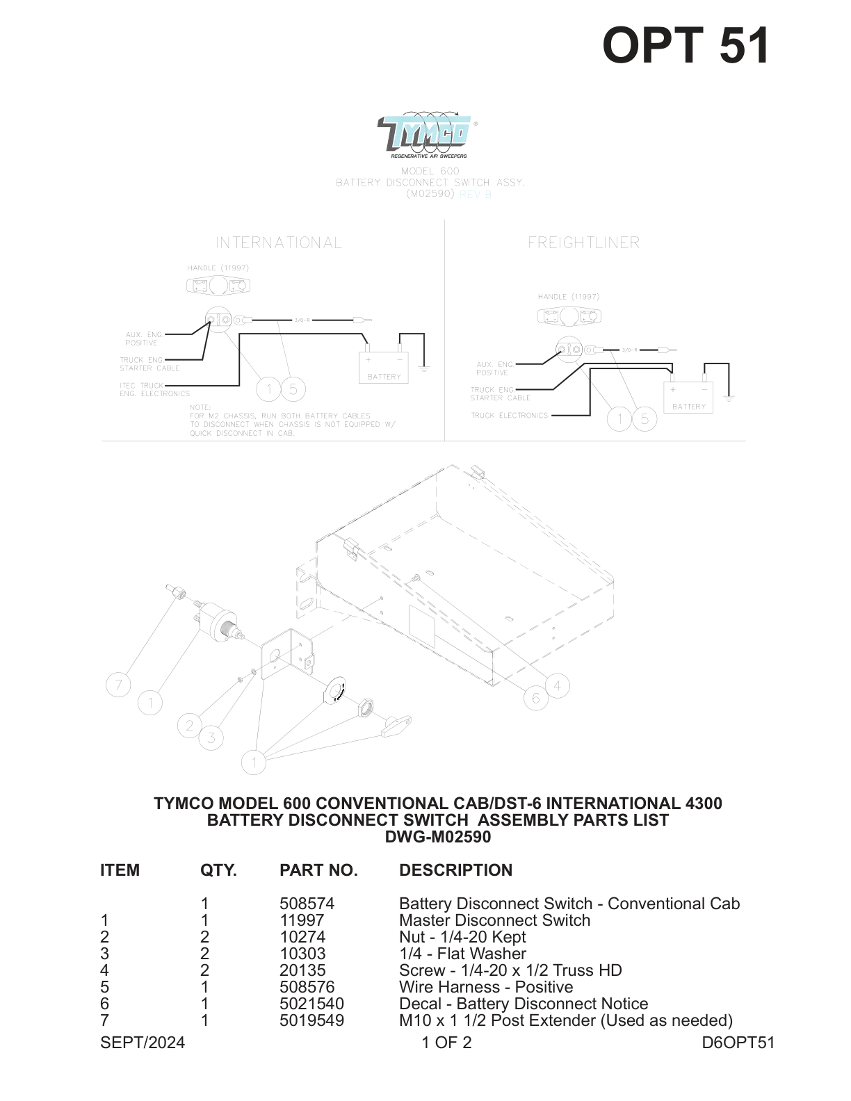 TYMCO MODEL 600 CONVENTIONAL CAB/DST-6 INTERNATIONAL 4300 — BATTERY DISCONNECT SWITCH ASSEMBLY PARTS LIST — DWG-M02590