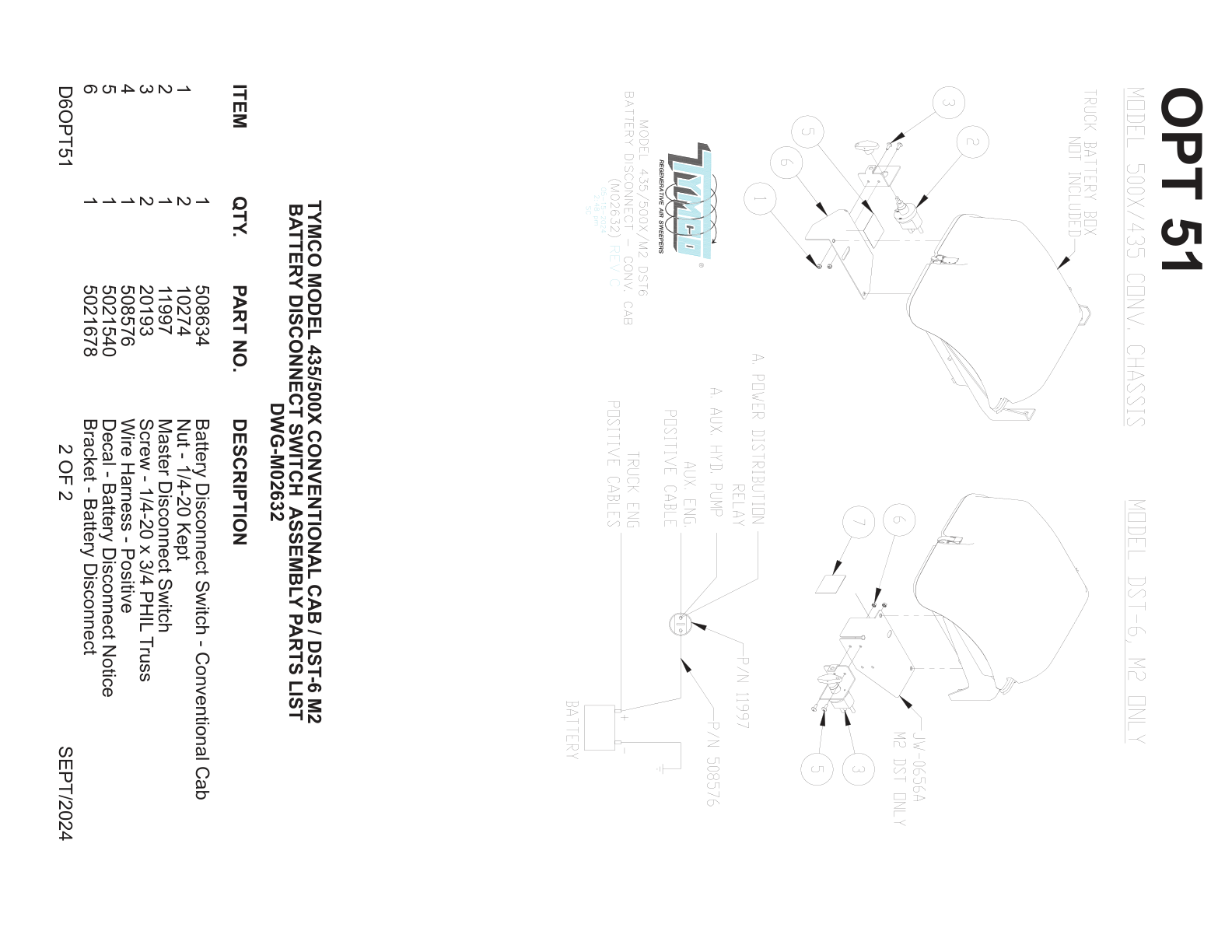 TYMCO MODEL 435/500X CONVENTIONAL CAB / DST-6 M2 — BATTERY DISCONNECT SWITCH ASSEMBLY PARTS LIST — DWG-M02632