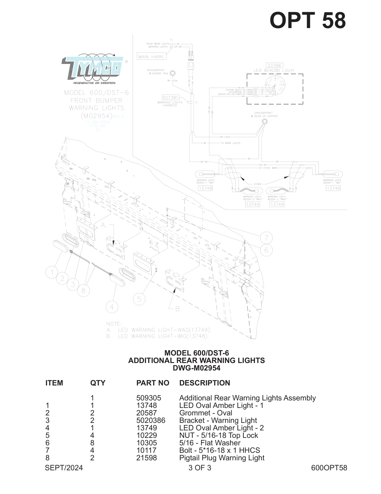 MODEL 600/DST-6 — ADDITIONAL REAR WARNING LIGHTS — DWG-M02954