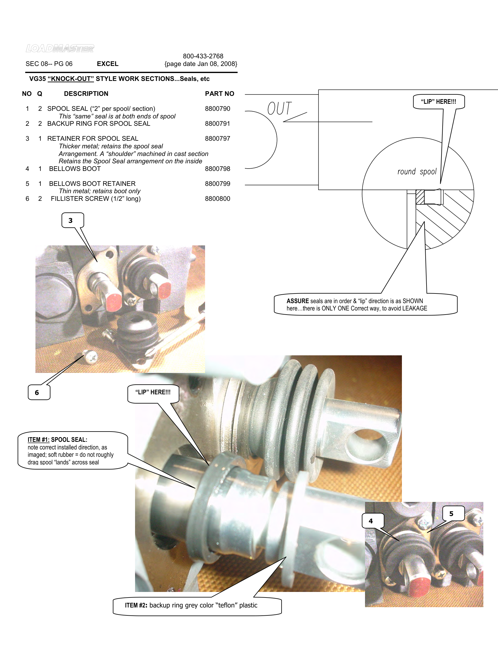 VG35 “KNOCK-OUT” STYLE WORK SECTIONS...Seals, etc