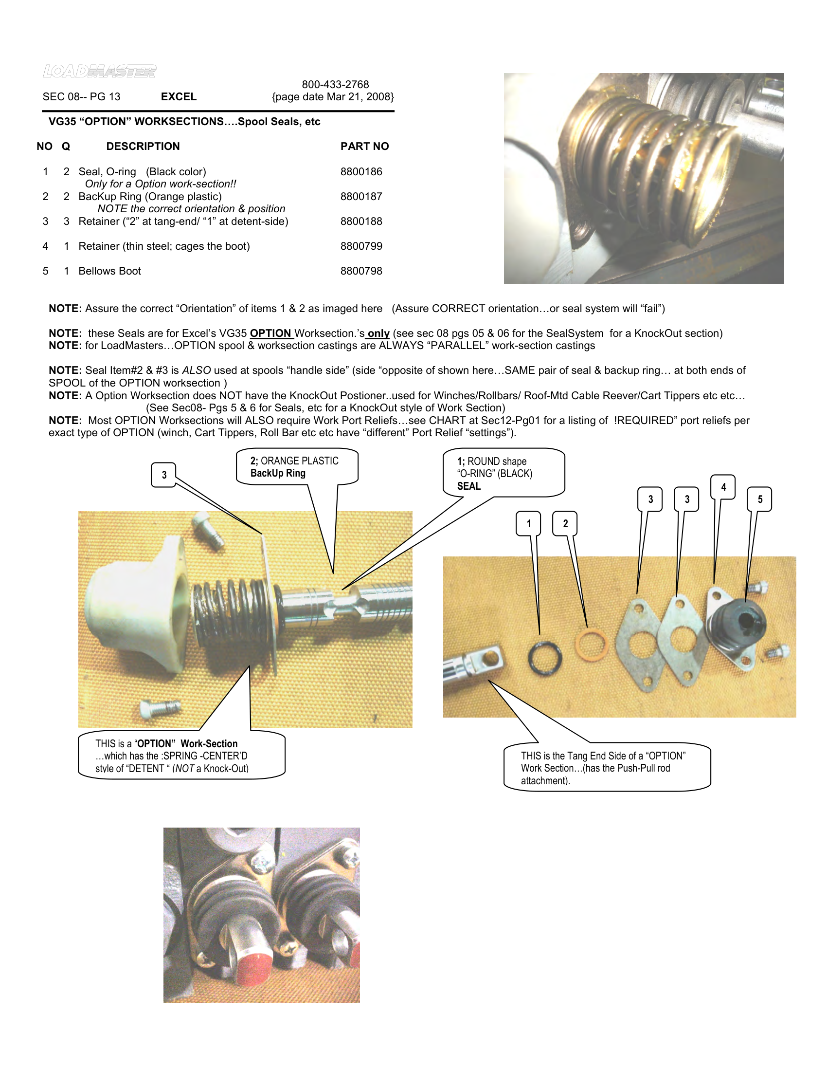 VG35 “OPTION” WORKSECTIONS….Spool Seals, etc