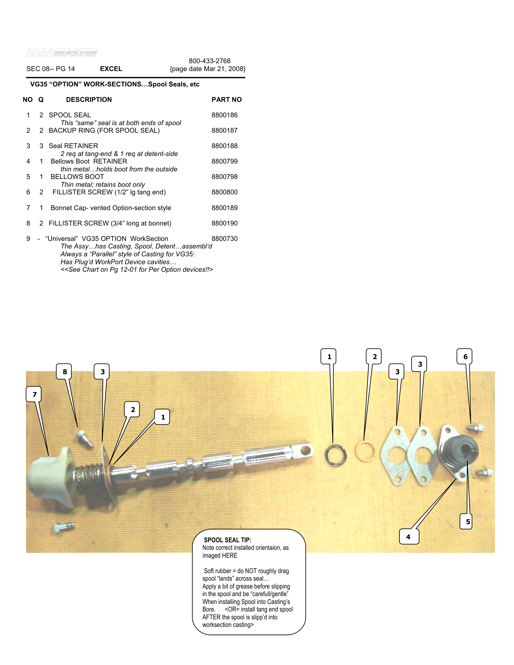 VG35 “OPTION” WORK-SECTIONS…Spool Seals, etc