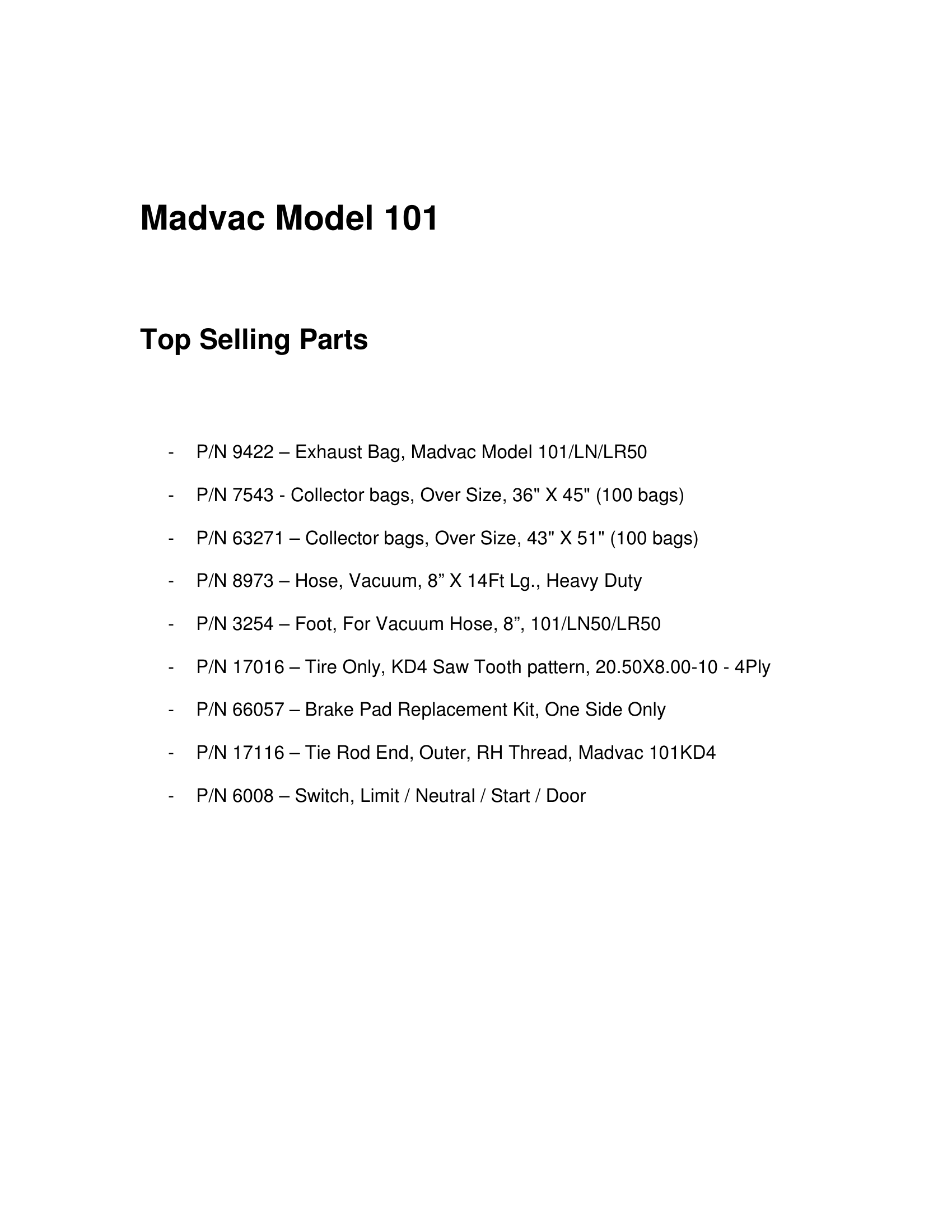Top Selling Parts - 101