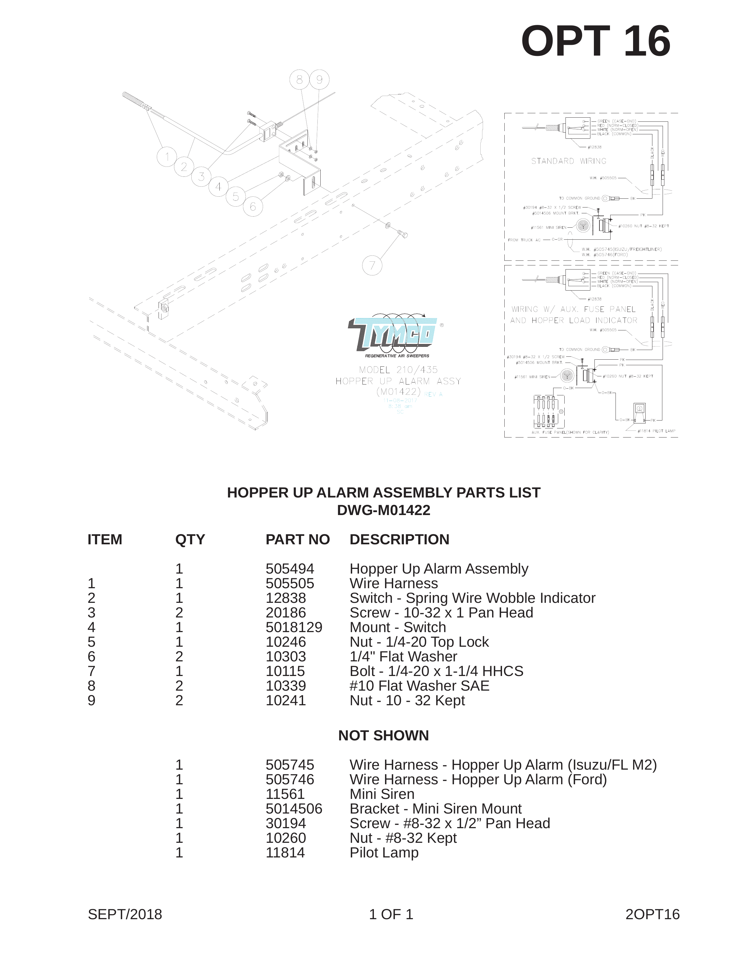 HOPPER UP ALARM ASSEMBLY PARTS LIST
