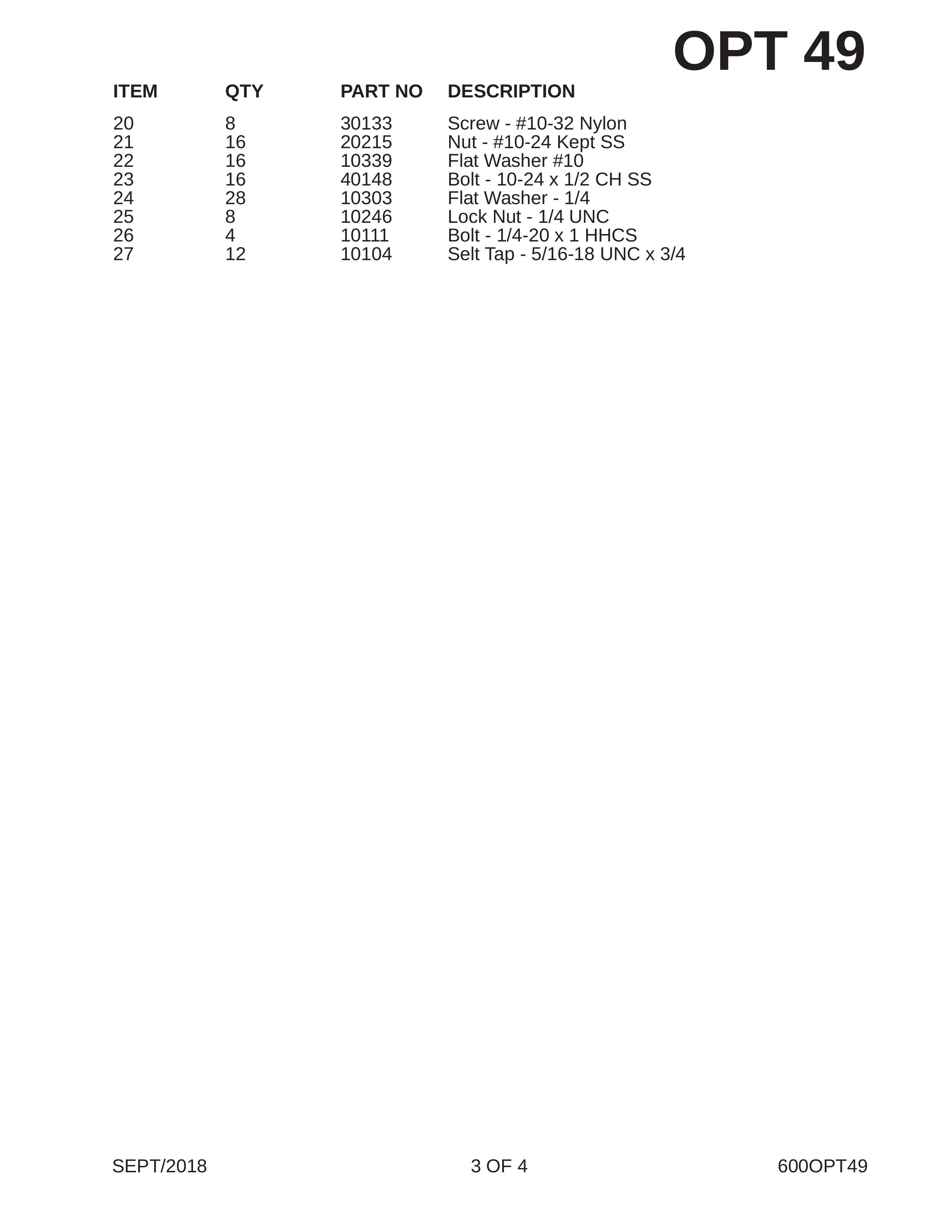 ITEM QTY PART NO DESCRIPTION