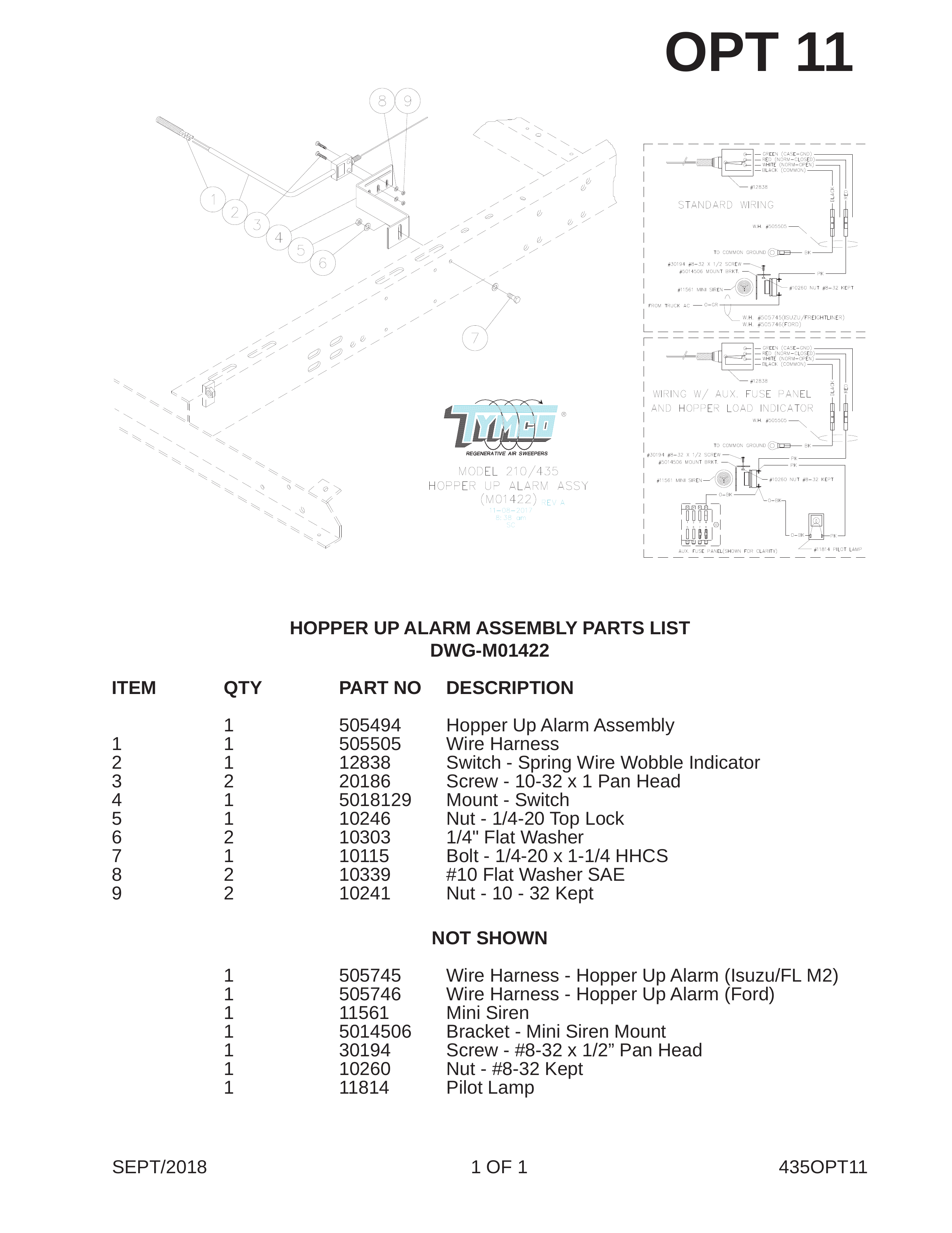 HOPPER UP ALARM ASSEMBLY PARTS LIST