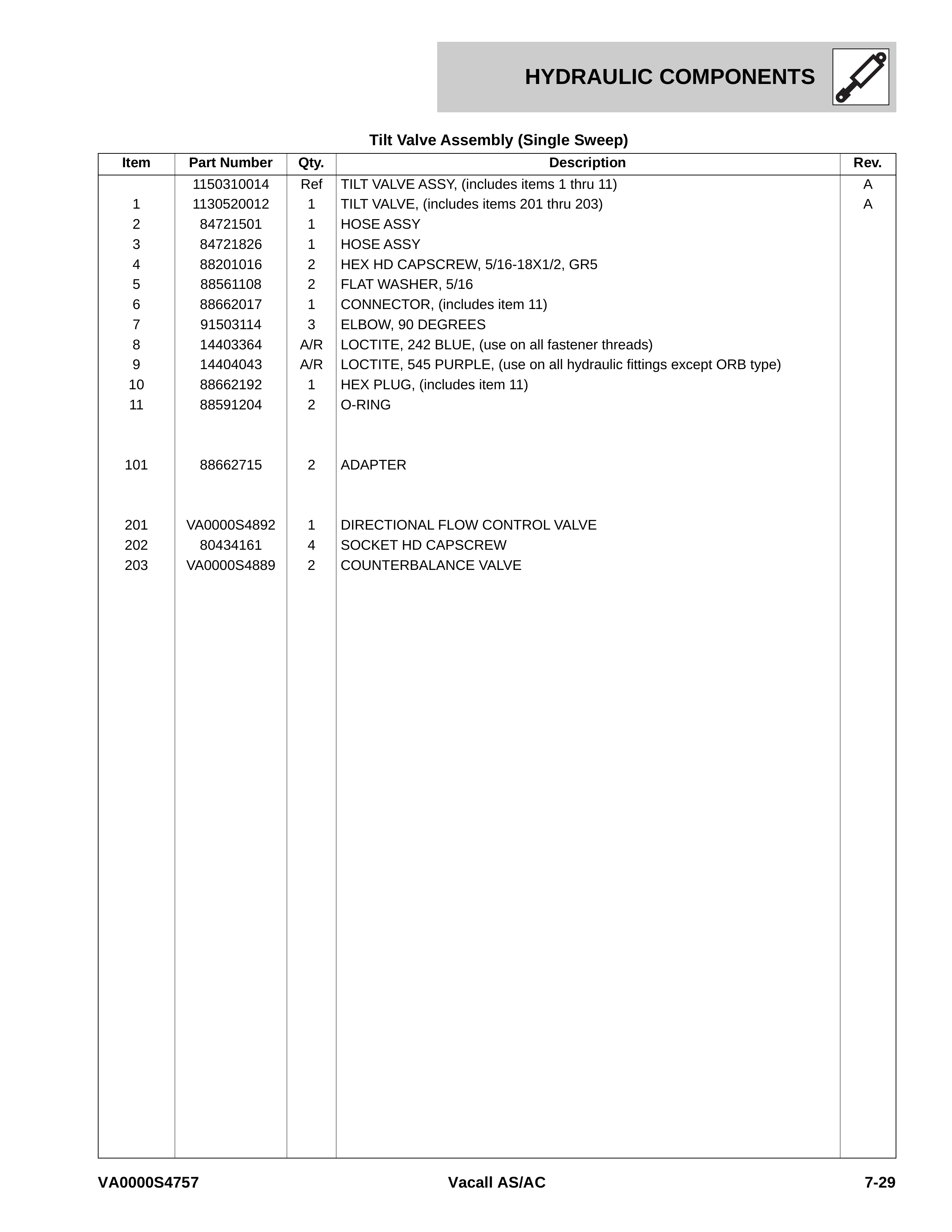 Tilt Valve Assembly (Single Sweep)