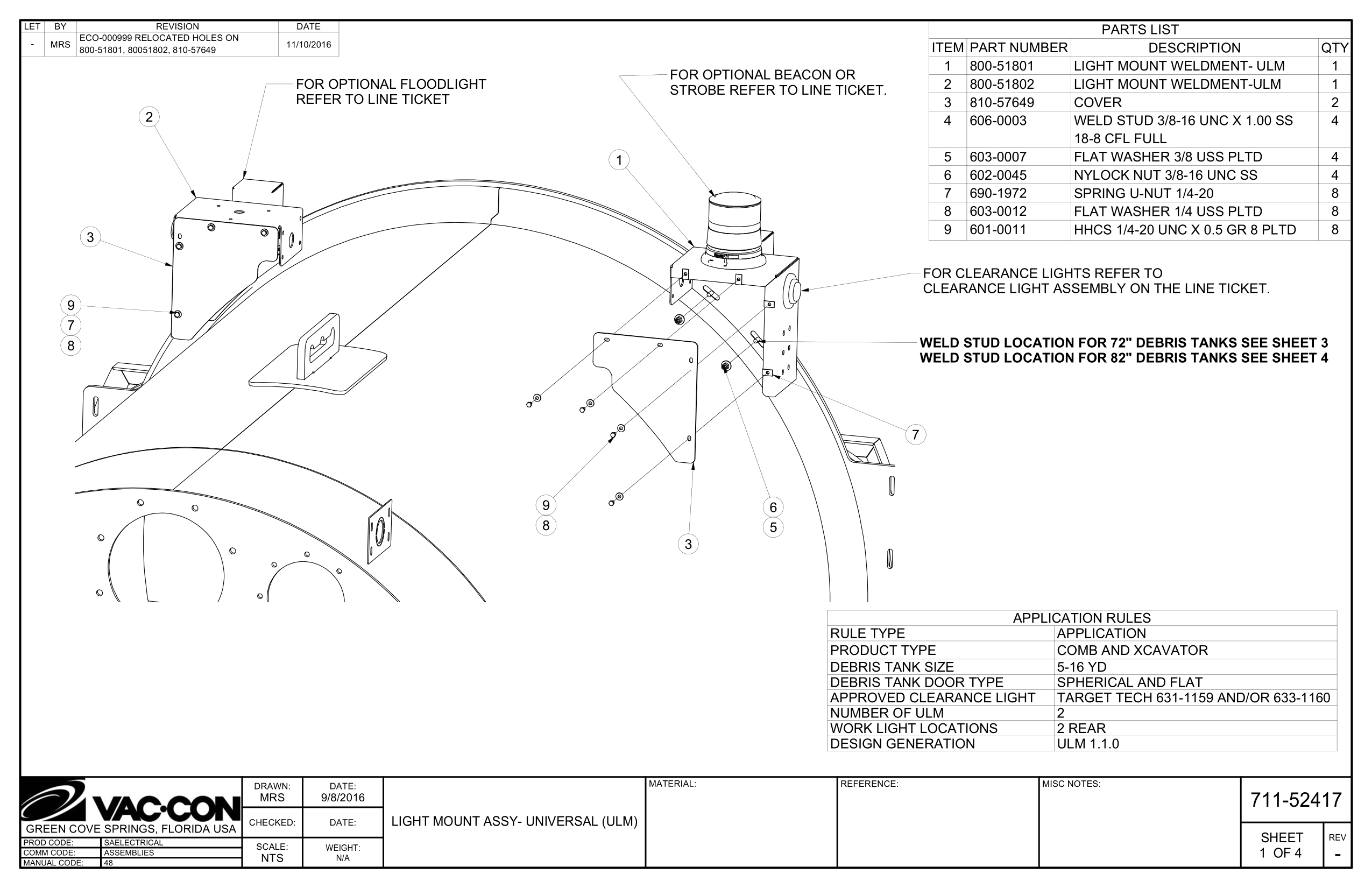 Weld Stud Location For 72" Debris Tanks See Sheet 3