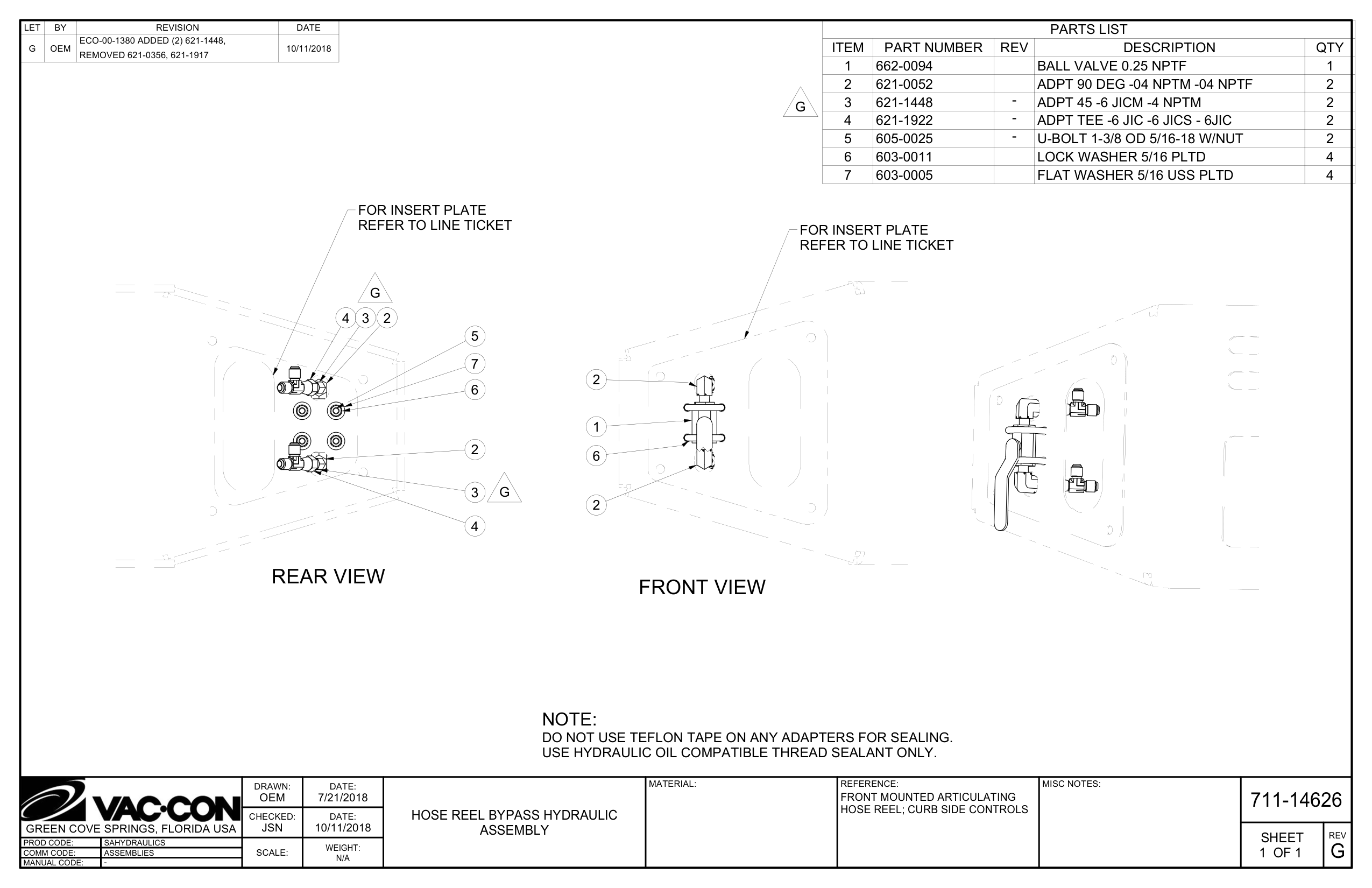 Use Hydraulic Oil Compatible Thread Sealant Only.
