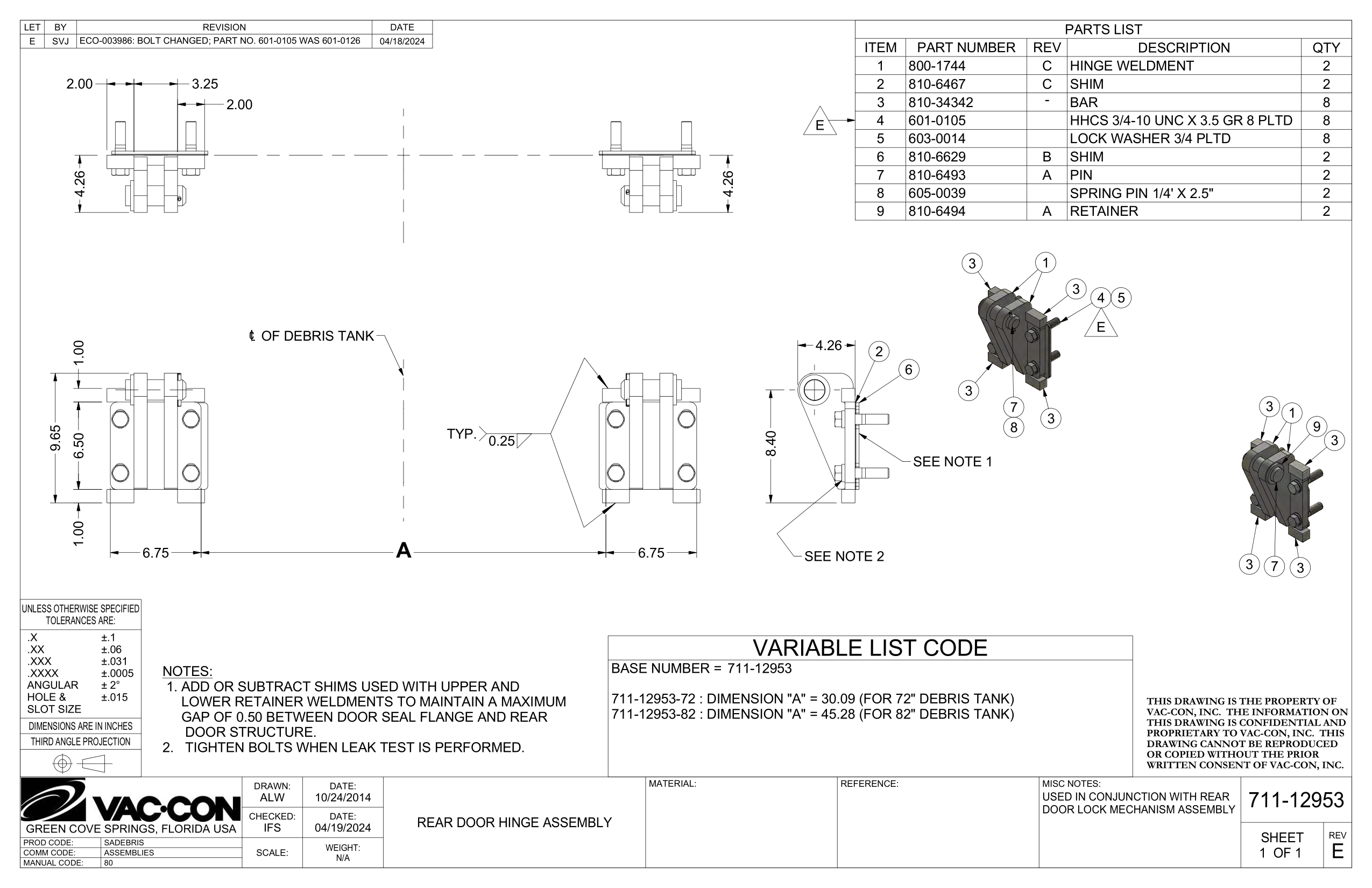 -72 : DIMENSION "A" = 30.09 (FOR 72" DEBRIS TANK) (711-12953)