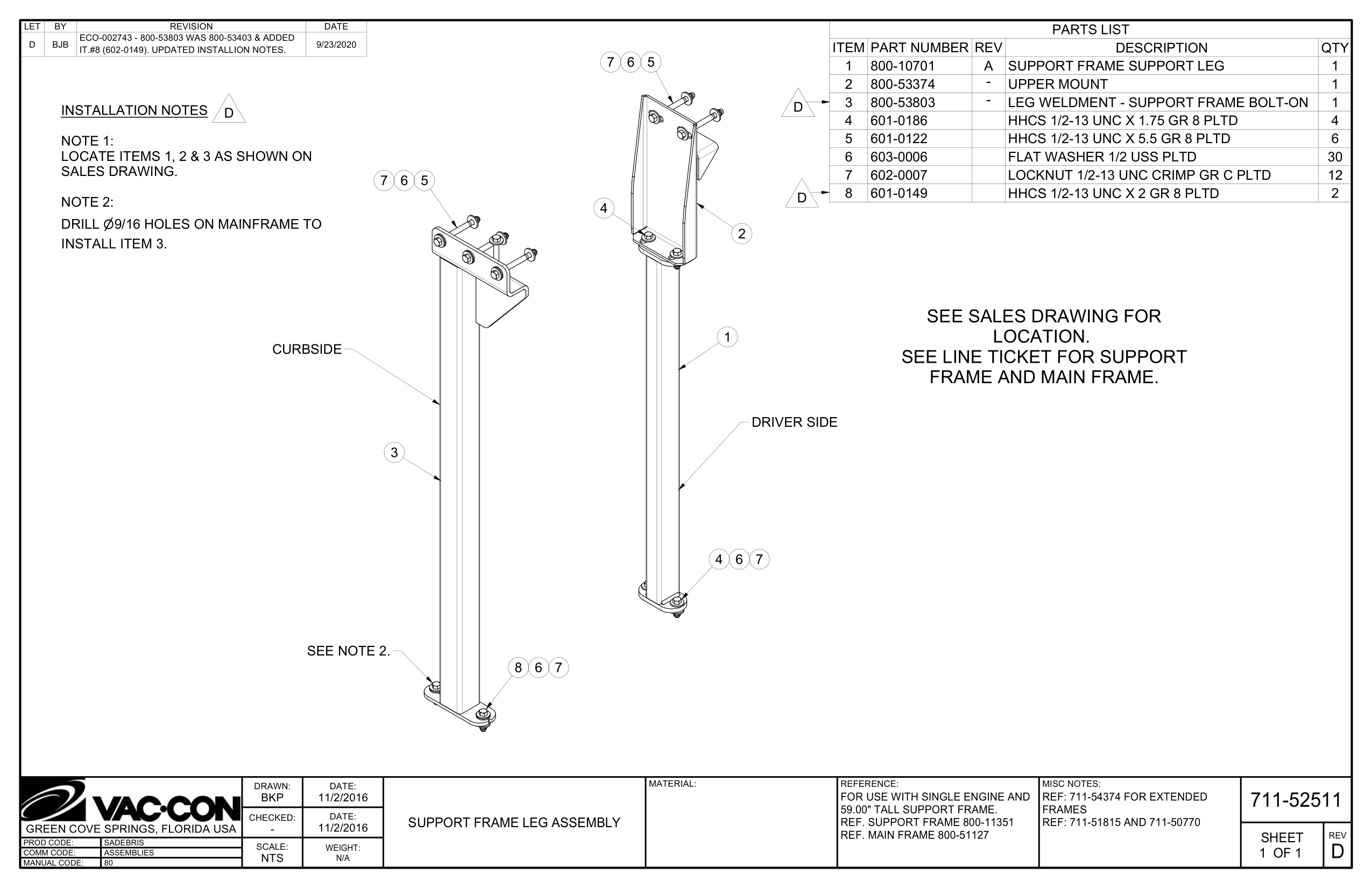 Leg Weldment - Support Frame Bolt-On