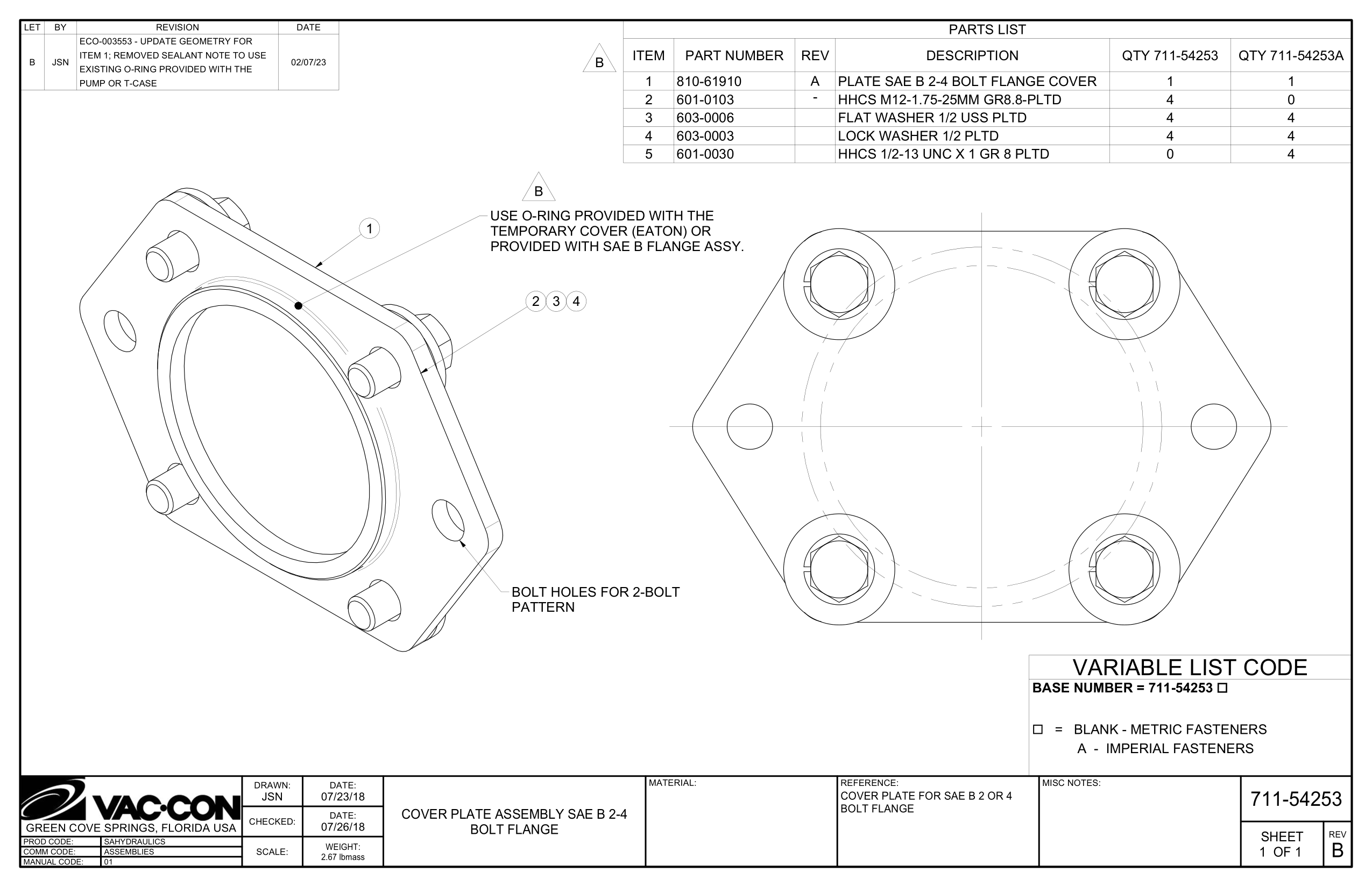 Plate Sae B 2-4 Bolt Flange Cover
