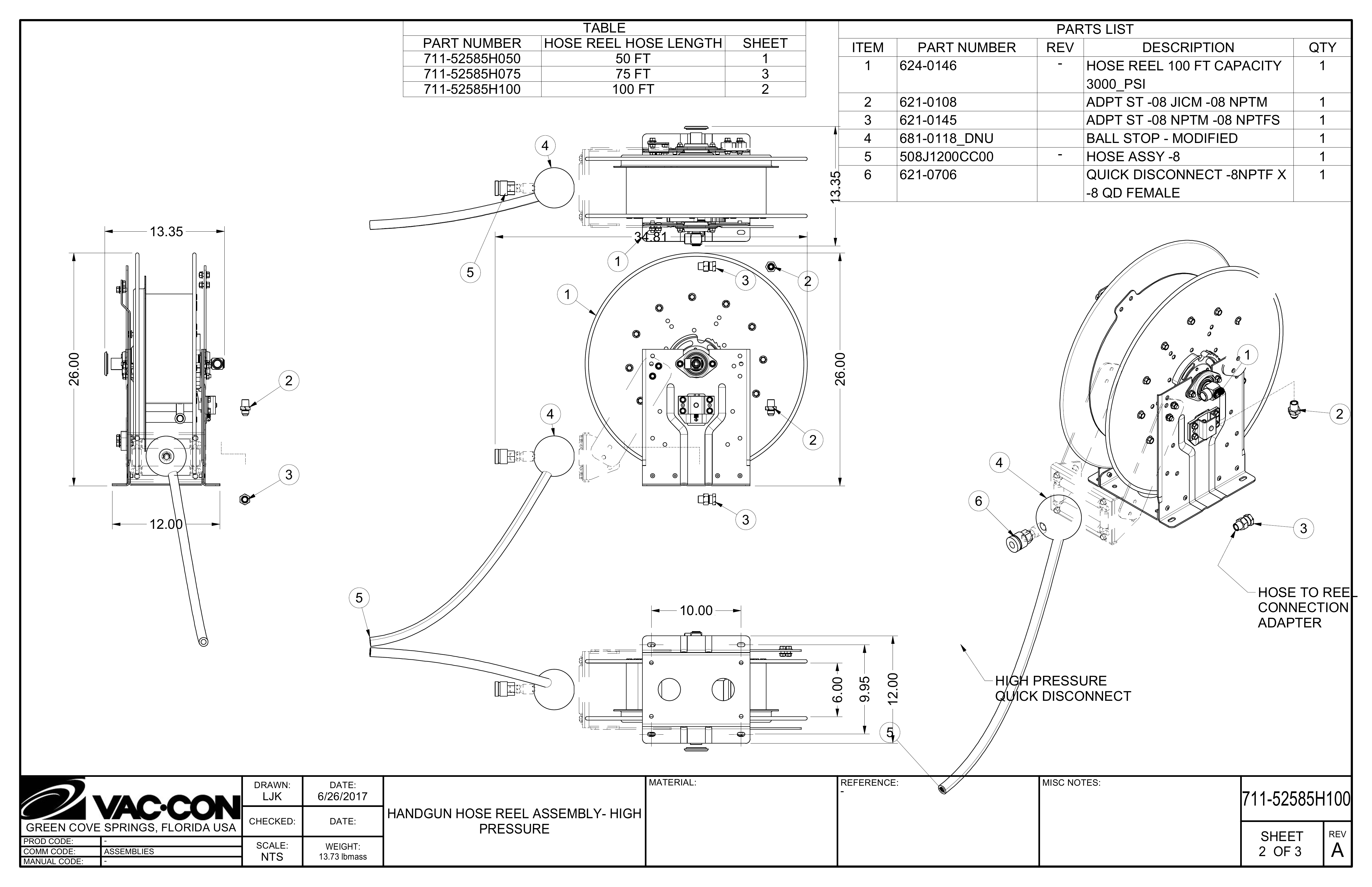PART NUMBER HOSE REEL HOSE LENGTH SHEET