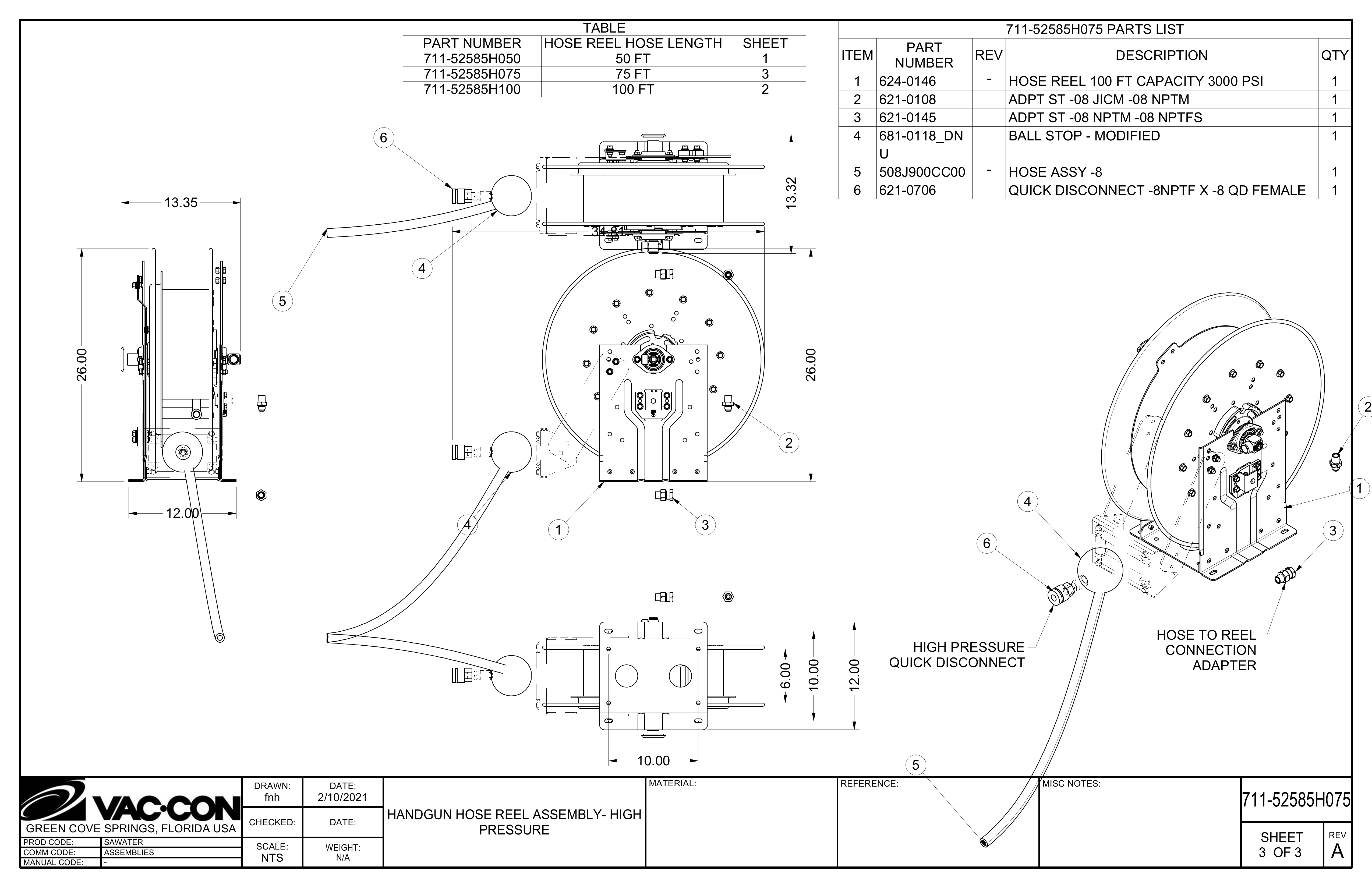 PART NUMBER HOSE REEL HOSE LENGTH SHEET