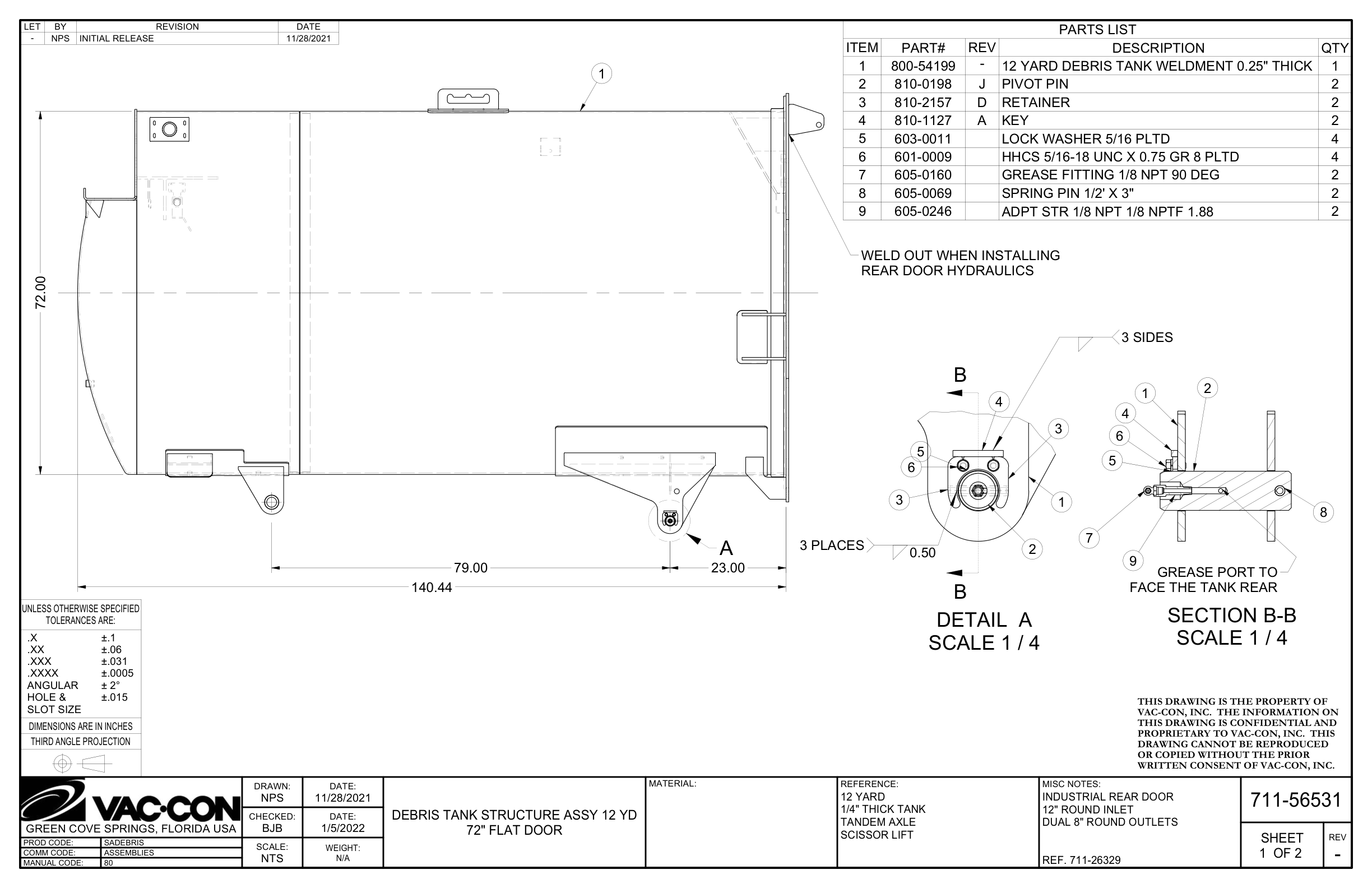 Debris Tank Structure Assy 12 Yd 72Inch Flat Door